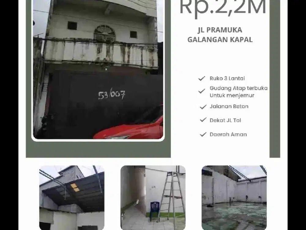 Gudang +Ruko 3 Lt Jl. Pramuka/Jl Teuku Umar 10  Dekat Jalan Tol. luas bangunan 600m2 lebar depan 11 m2 lebar belakang 23m2 panjangx 38m2
Rp. 2,2 M