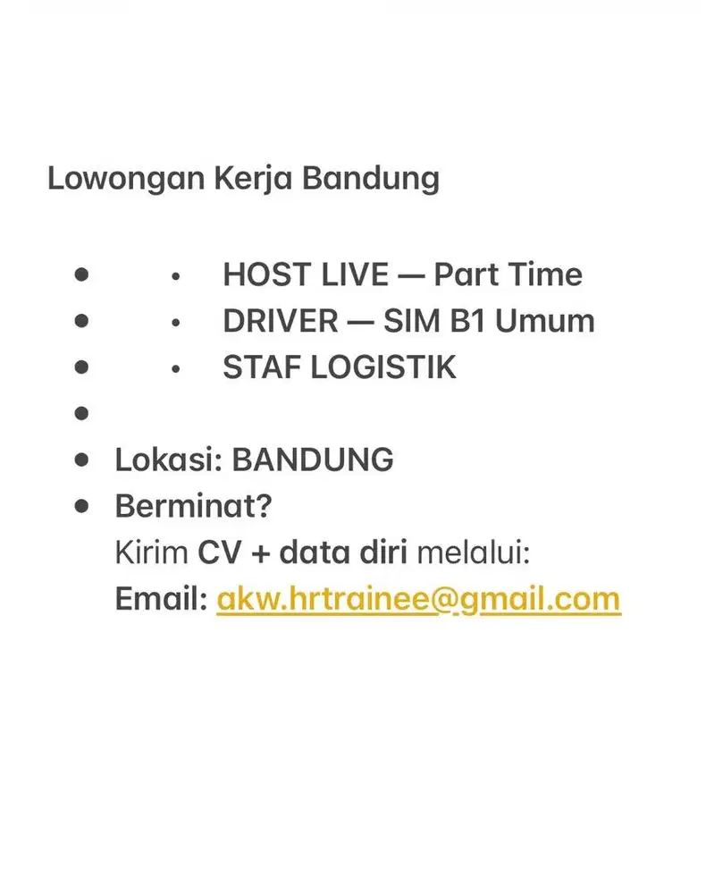 HOST LIVE — Part Time DRIVER — SIM B1 Umum STAF LOGISTIK — Bandung