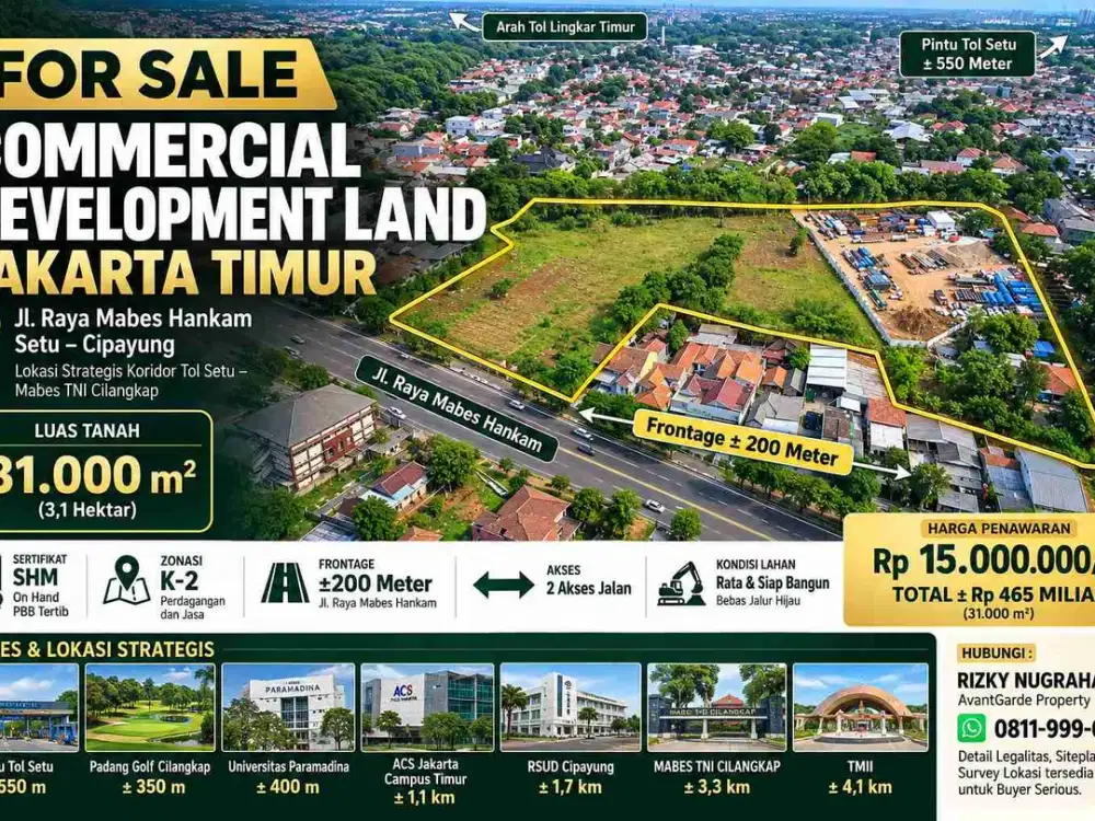 Tanah Komersial 3,1 Ha Depan Jalan Raya Mabes Hankam Cipayung Jakarta Timur