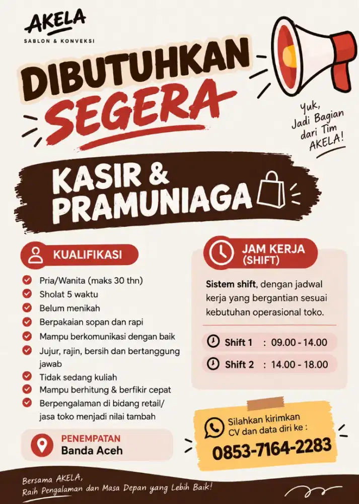 Dibutuhkan segera kasir dan admin