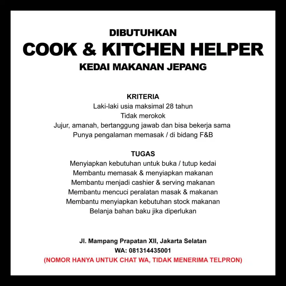 Dibutuhkan COOK & KITCHEN HELPER Mampang Prapatan Jakarta Selatan
