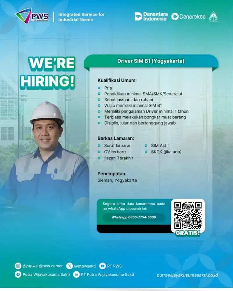 Dibutuhkan Driver B1 penempatan Samator Jogja