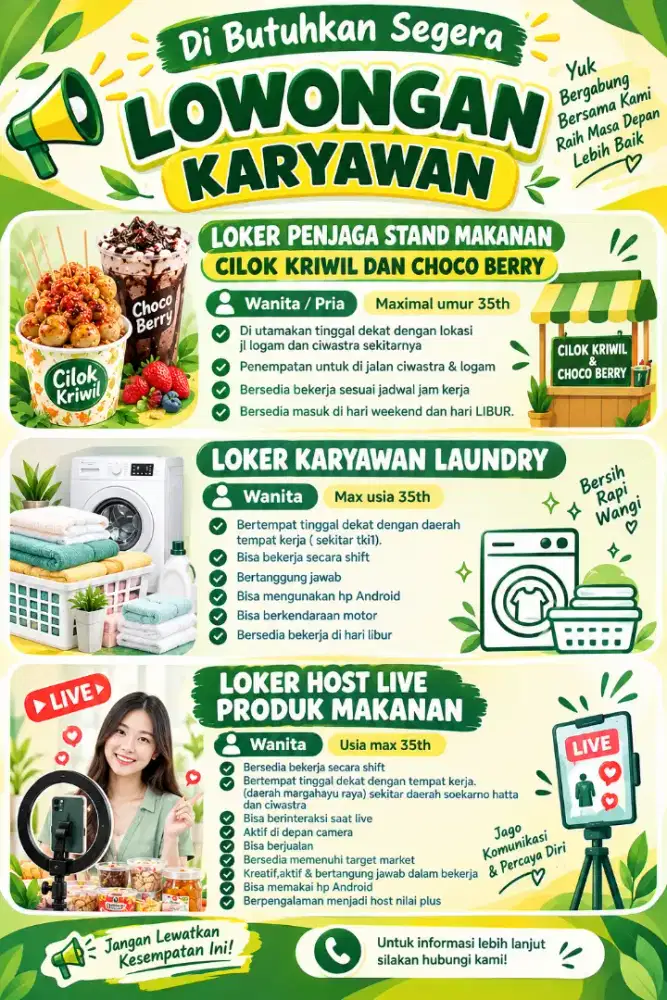 Lowongan pekerjaan penjaga stand, laundry, host live