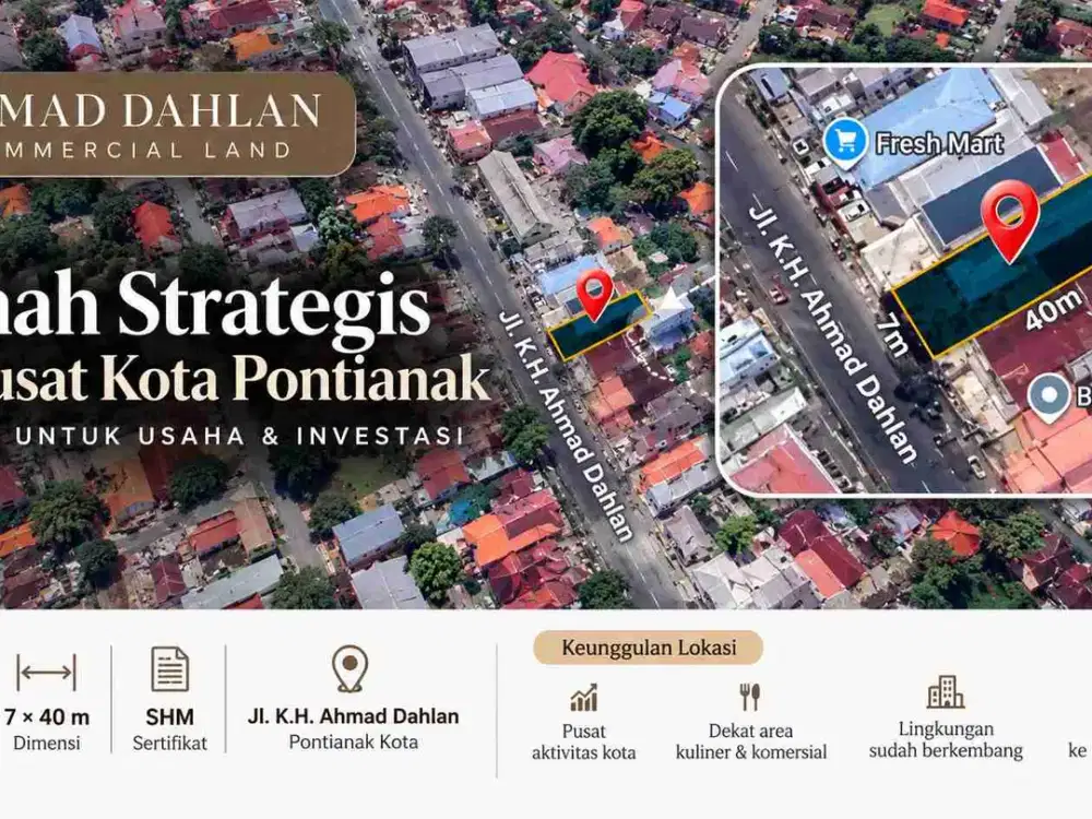 Tanah Strategis 7×40 m di Pusat Kota Pontianak – Cocok untuk Usaha & Investasi