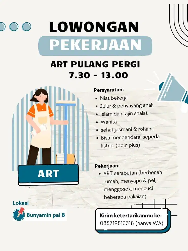 Lowongan art pulang pergi pagi 7.30-13.00