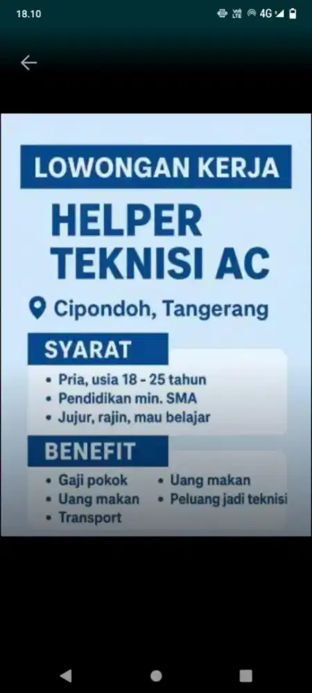 Lowongan Helper Teknisi Cipondoh Tangerang