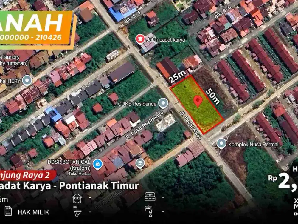 Tanah Luas 25×50 m Strategis di Tanjung Raya 2 Pontianak Timur – SHM