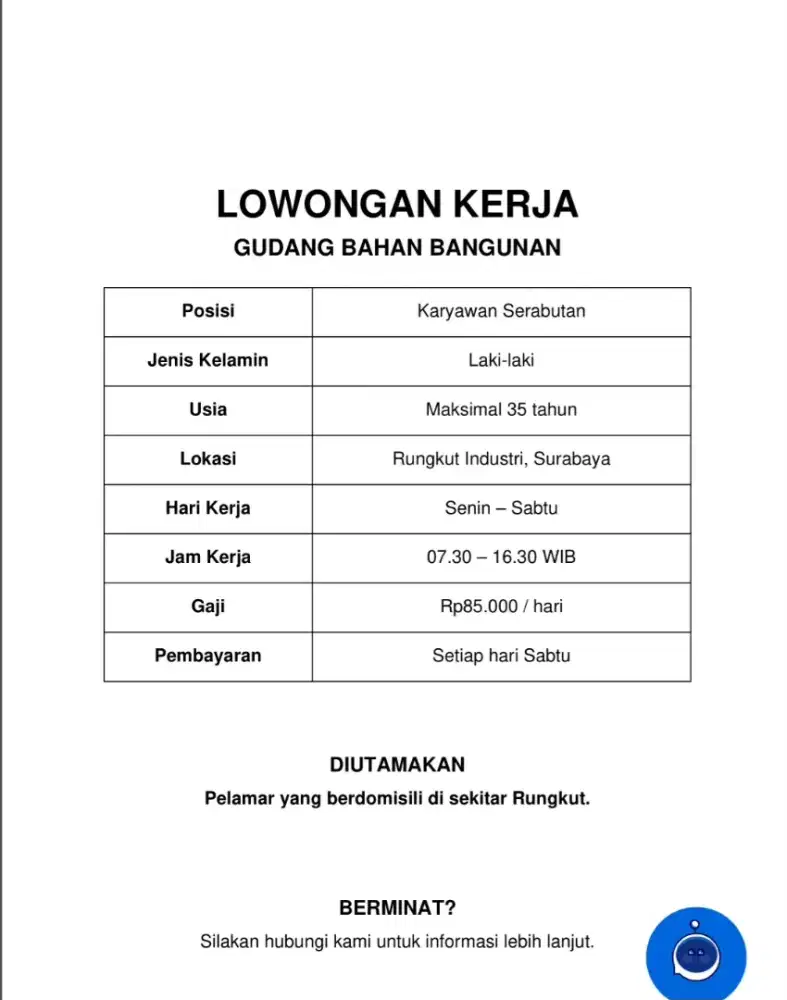 Serabutan Usia maximal 35 Tahun