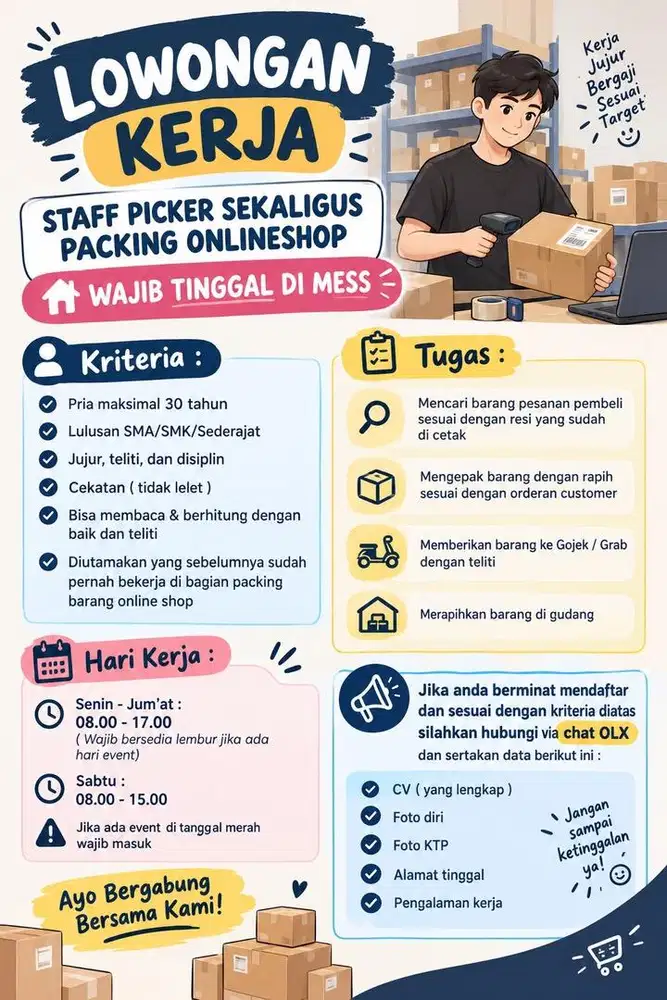 LOWONGAN Staff Picker Sekaligus Packing Onlineshop TINGGAL DI MESS