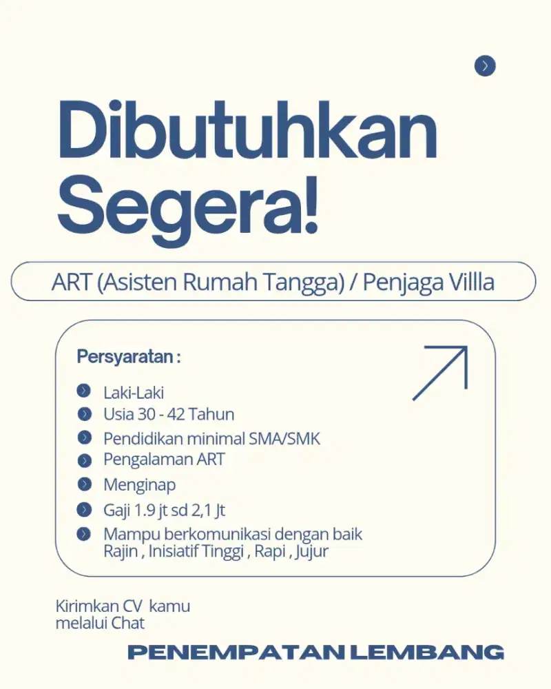 Lowongan Asisten Rumah Tangga / Penjaga Villa