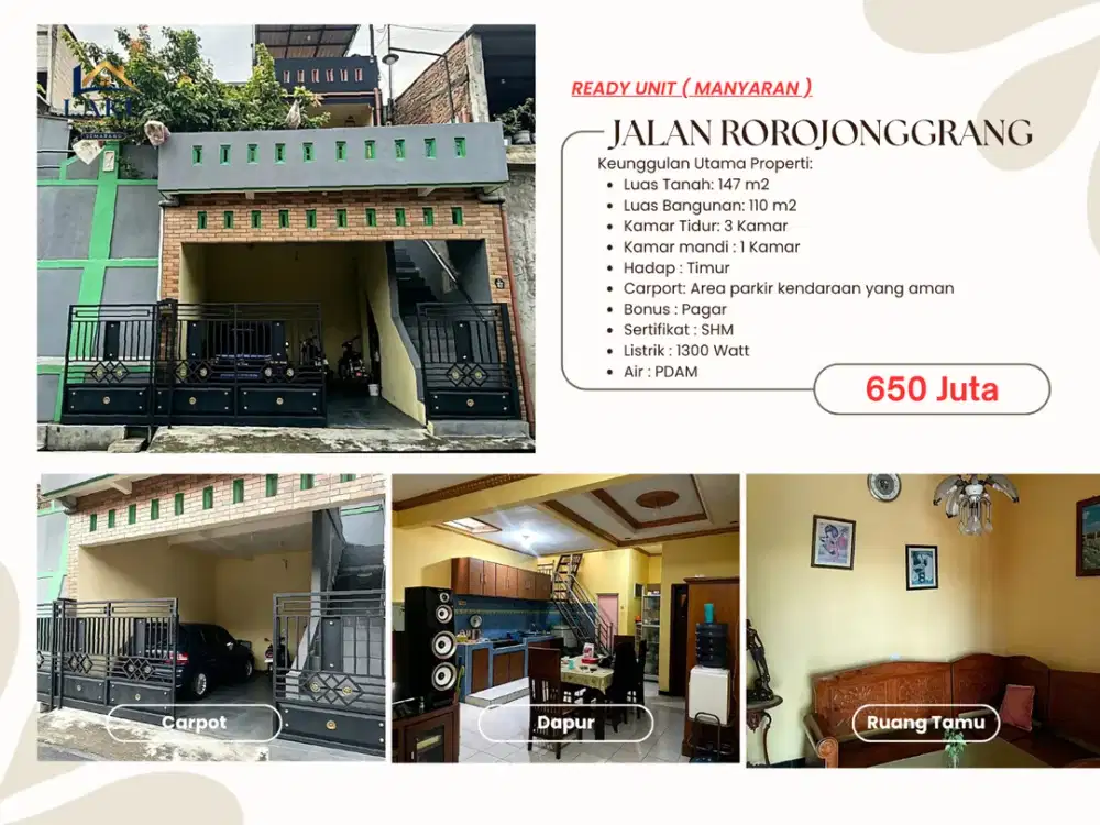 Rumah Strategis Rorojonggrang Manyaran 3 KT View Kota Harga 650 Juta Nego