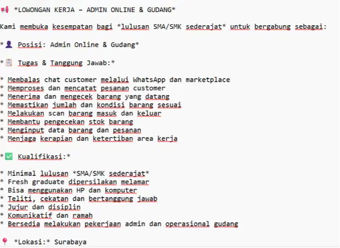 LOWONGAN KERJA ADMIN DAN SUPPORT TIM