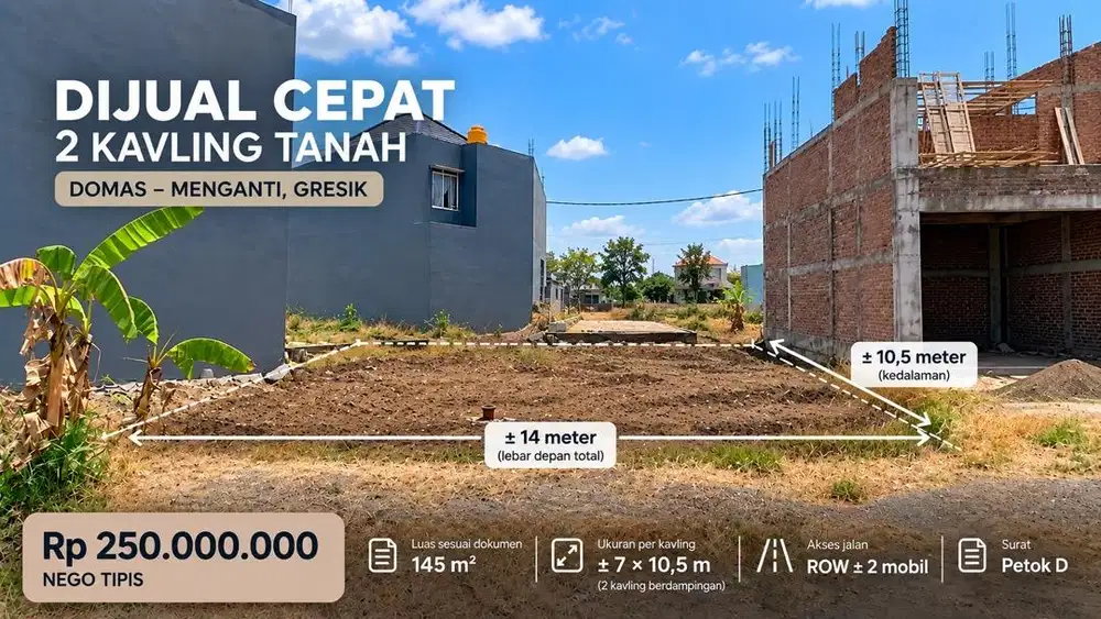 Dijual Cepat 2 Kavling Domas Menganti Gresik 145m² – 250 Juta Neti