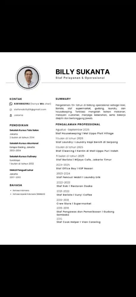 Sy mencari loker untuk kerja posisi asisten atau mengawaskan buatku