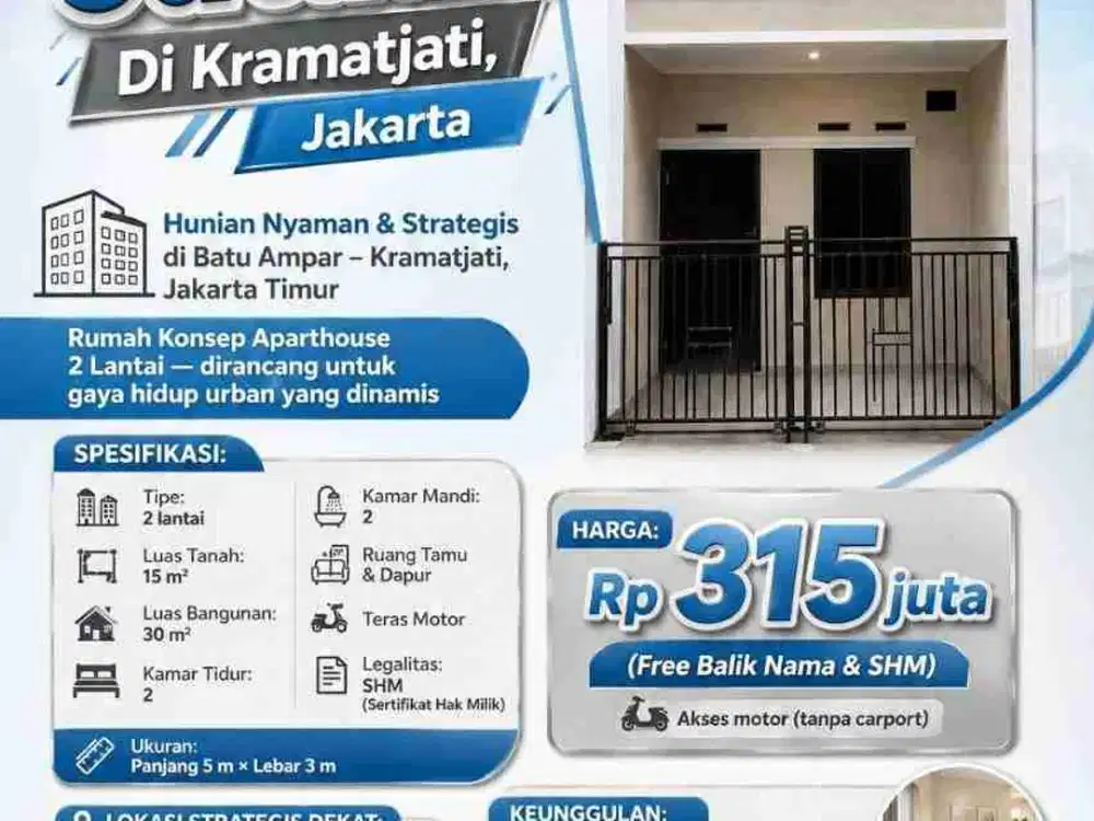 Jual Rumah Baru Murah (Akses Motor) di Batu ampar Kramat jati Jakarta Timur