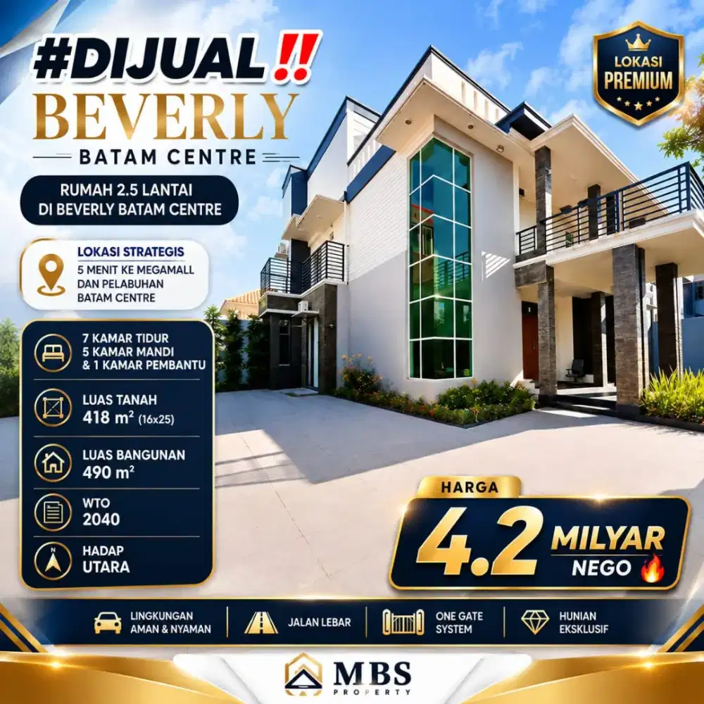 Dijual
Beverly Batam Centre 
Rumah 2.5Lantai di Beverly Batam Centre