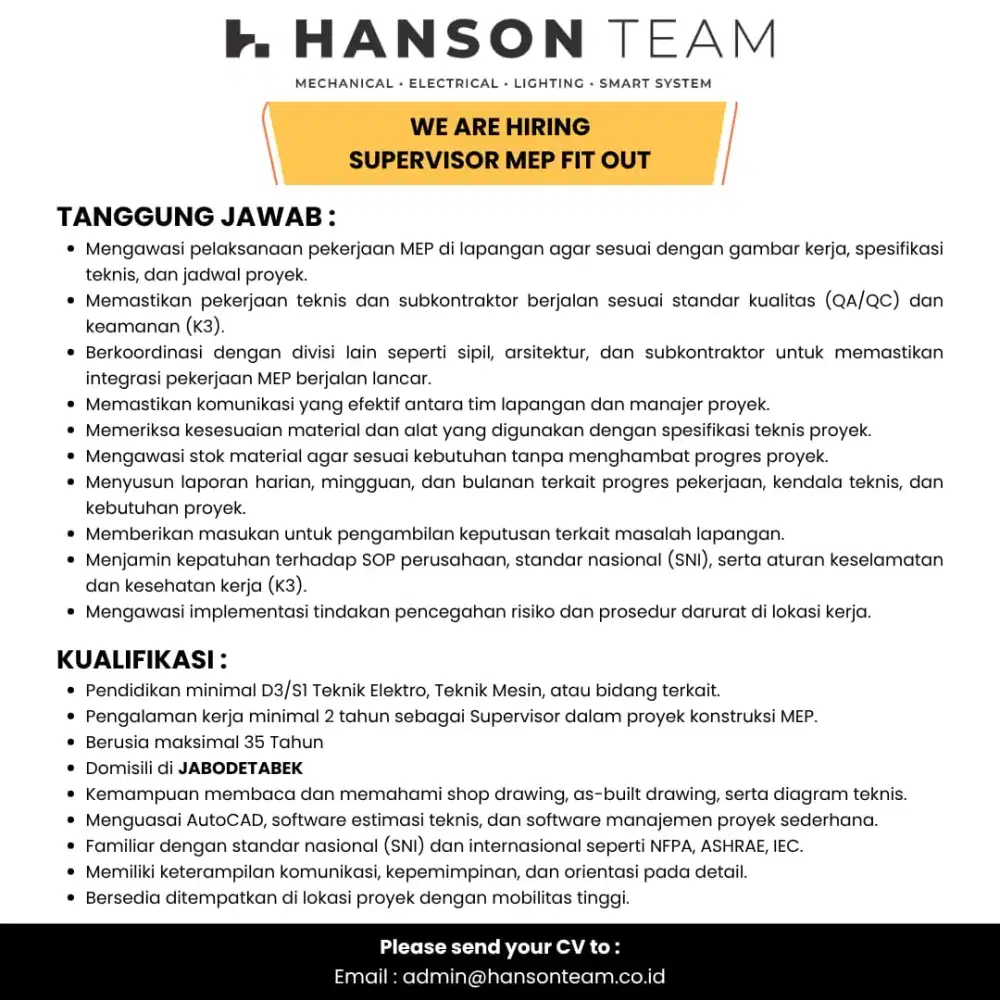 LOWONGAN PEKERJAAN SUPERVISOR MEP FIT OUT