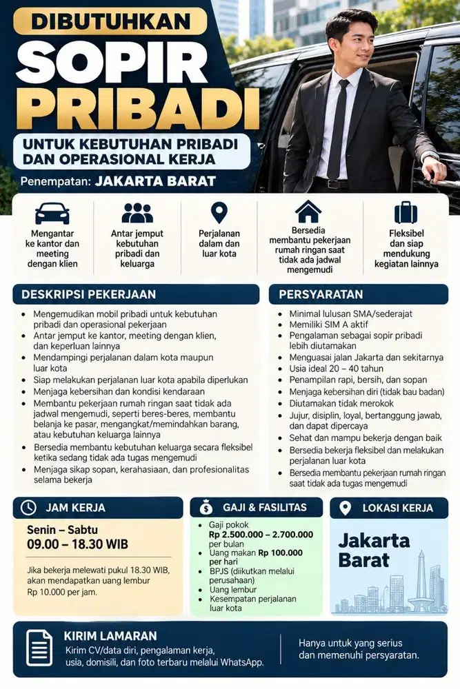 Dibutuhkan sopir pribadi daerah Jakarta Barat