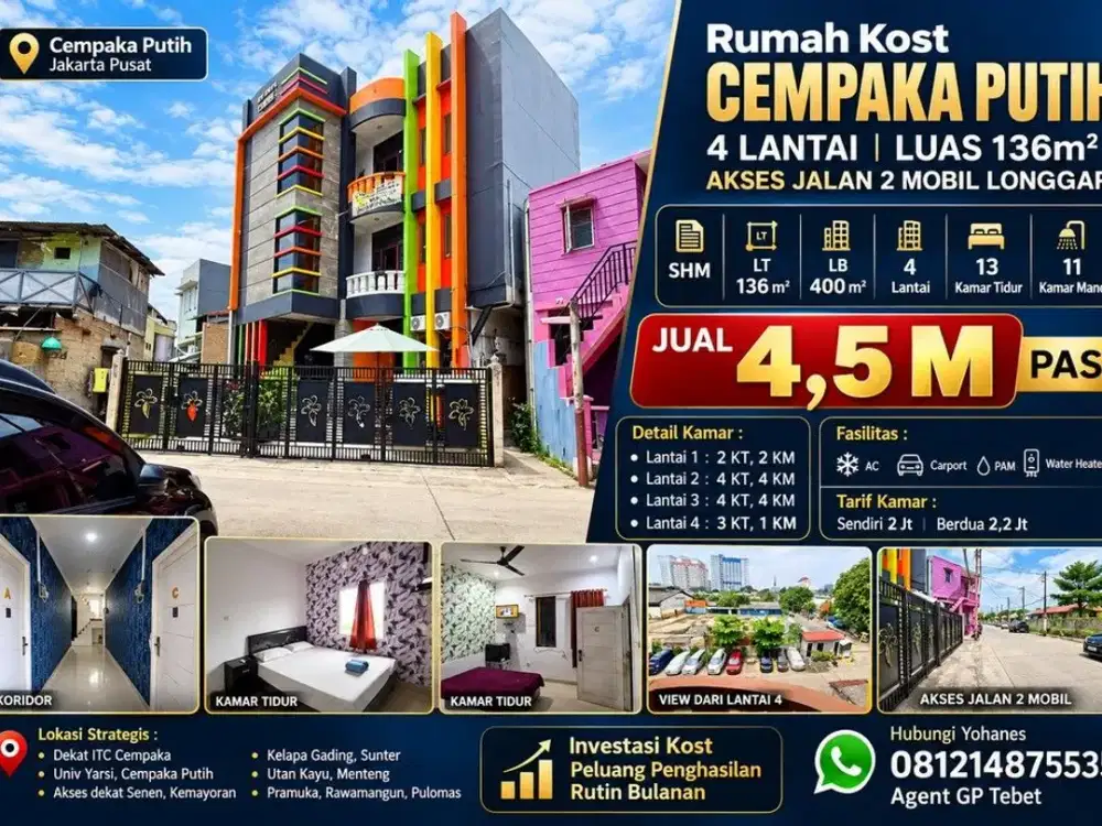 Rumah Kost Cempaka Putih 13 Kamar Akses 2 Mobil