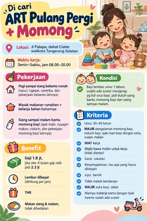 Di cari ART Pulang Pergi + Momong Bayi