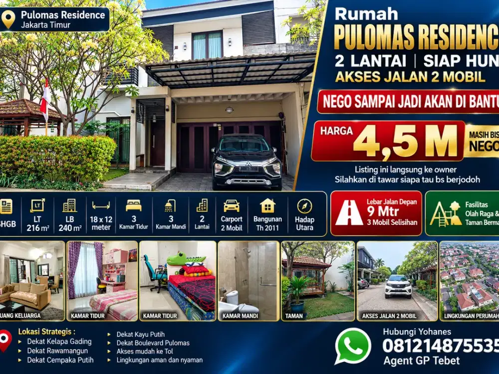 Rumah Pulomas Residence 2 Lantai Siap Huni Akses 2 Mobil