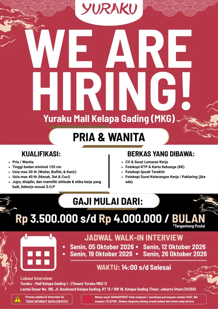 Lowongan Pekerjaan di Yuraku Mall Kelapa Gading