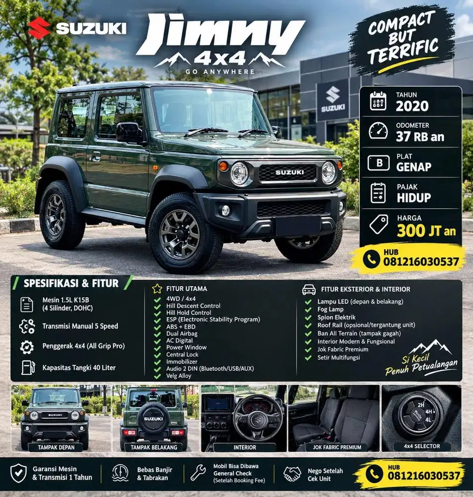 Suzuki Jimny 4x4 3 door 2020 Antik Low KM Murah Bekas Hijau Genap Top