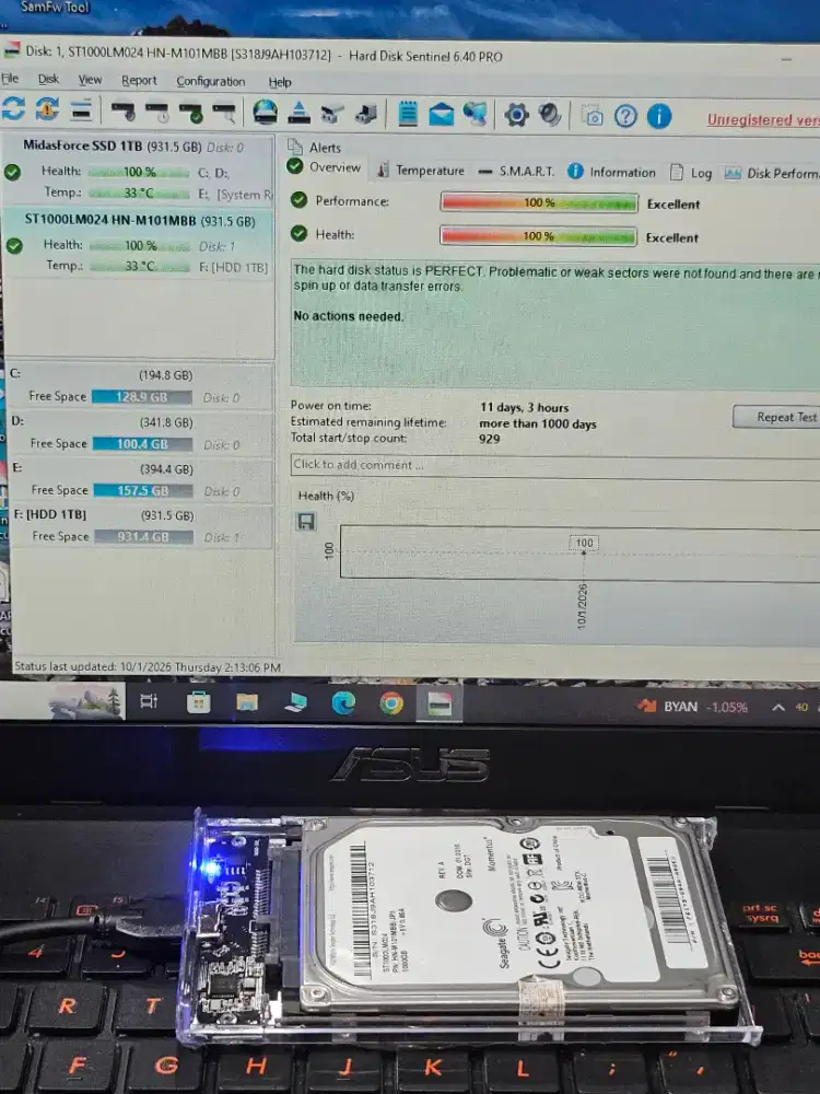 HDD laptop 1TB Toshiba copotan 2,5inch sentinel 100%
