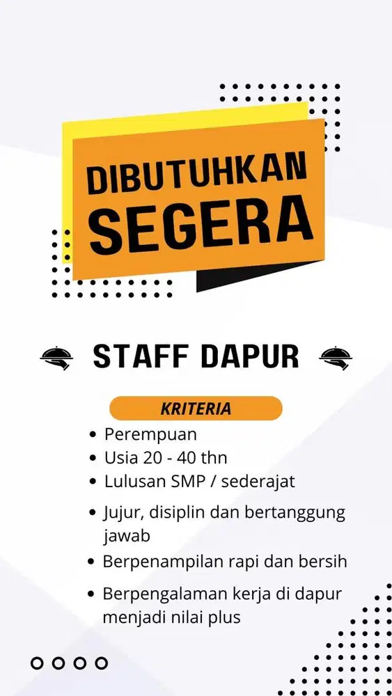 Lowongan Kerja : Staff Dapur (Medan Kota)