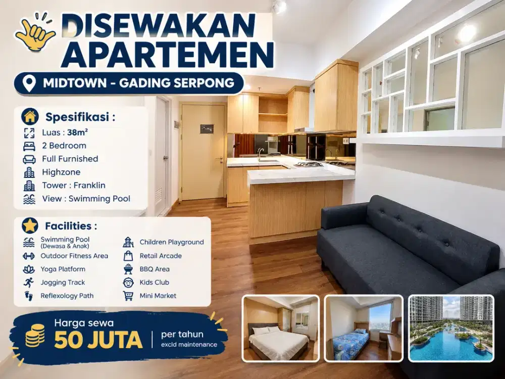 DISEWAKAN MIDTOWN GADING SERPONG 2BR FULL FURNISHED – 50 JUTA/TAHUN