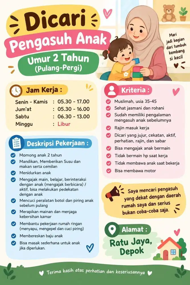 DIBUTUHKAN PENGASUH ANAK YANG BERPENGALAMAN