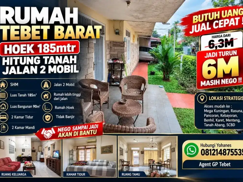 Rumah Hook Tebet Barat LT 185 m² Hitung Tanah