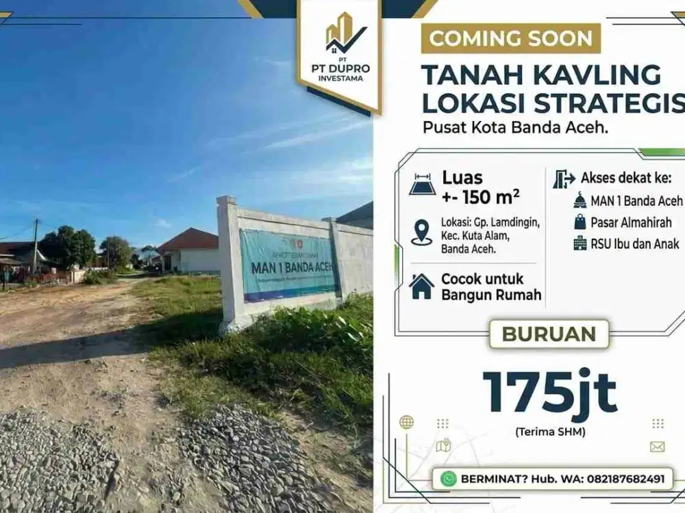 PROMO! Tanah Kavling 150m² Pusat Kota Lamdingin Banda Aceh (SHM)