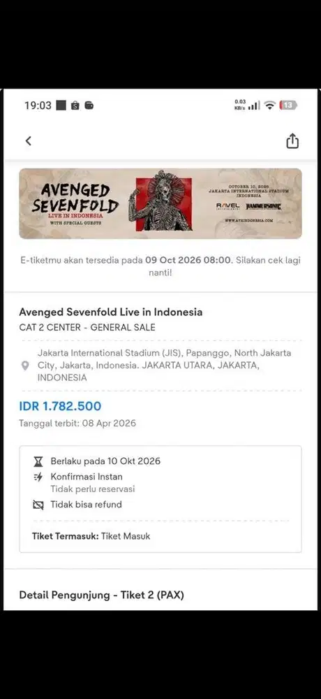 DIJUAL 2 Tiket Konser Avenged Sevenfold