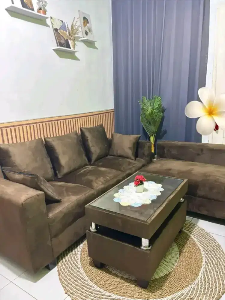 Jual sofa L warna coklat