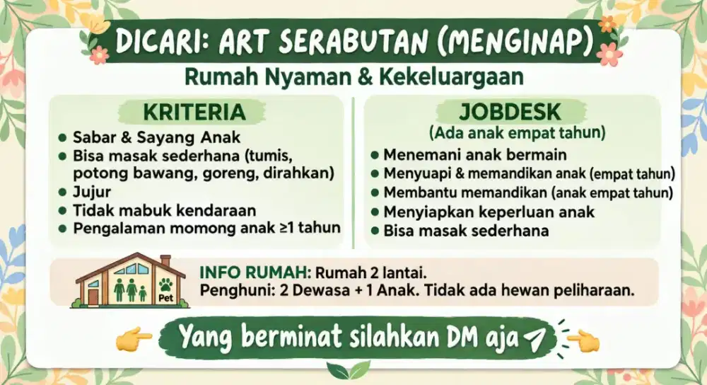 Lowongan kerja asisten rumah tangga+momong