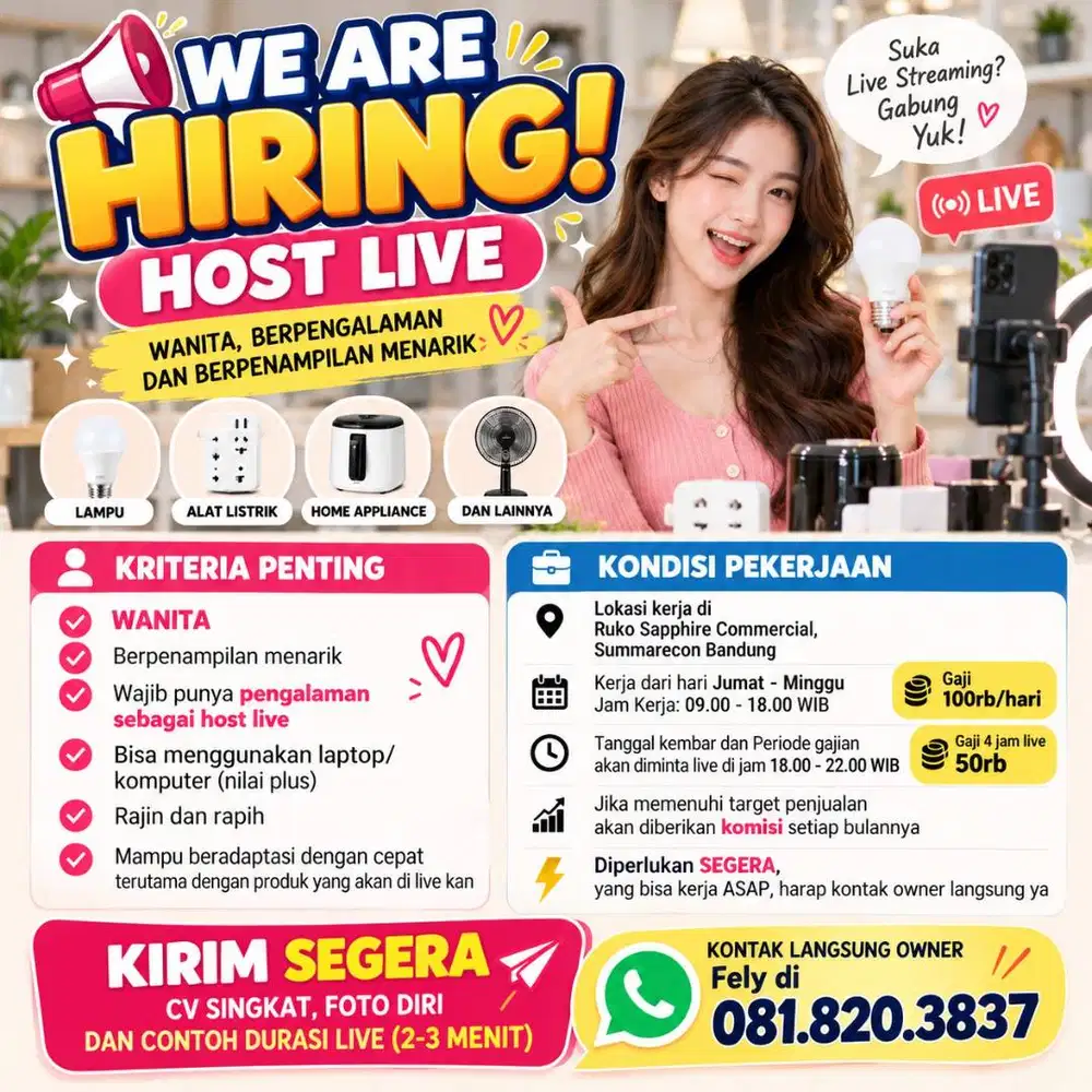 Dicari segera - Host live (WANITA) di toko online grosir Gedebage