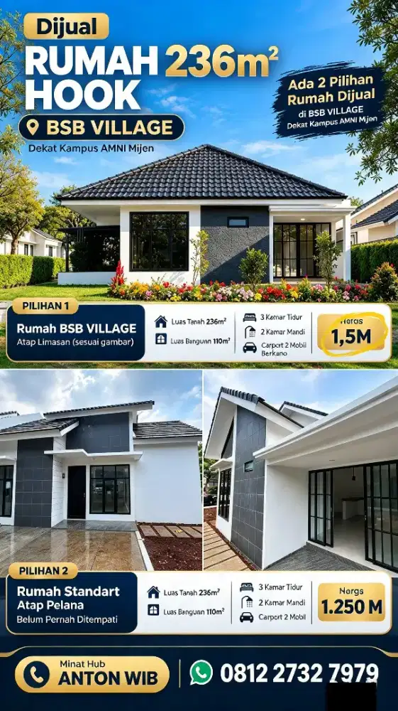 Rumah hook lt 236m TERMURAH di bsb village depan amni teras bali loka