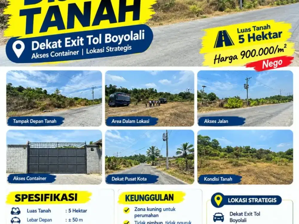 Dijual Tanah Pekarangan Zona Kuning Lokasi Boyolali Luas 5 Ha