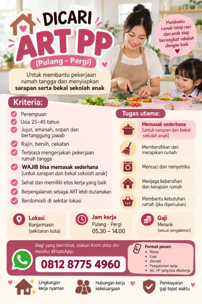 Dibutuhkan Segera ART Pulang Pergi