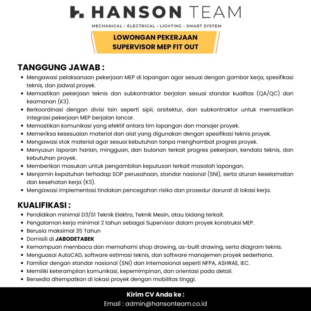 LOWONGAN PEKERJAAN SUPERVISOR MEP FIT OUT