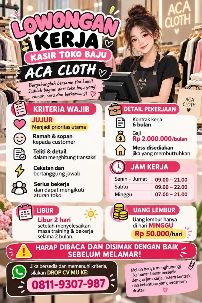 LOWONGAN KERJA – KASIR TOKO BAJU ACA CLOTH – TANGERANG