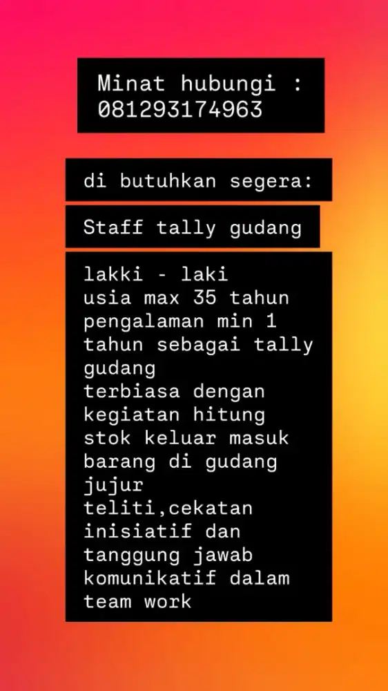 Di butuhkan tally gudang