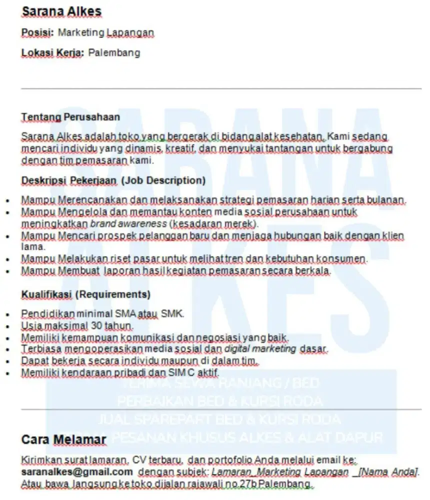 Lowongan kerja bagian sales marketing