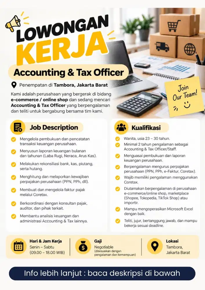 LOWONGAN KERJA ACCOUNTING TAX FINANCE OFFICER TAMBORA JAKARTA BARAT