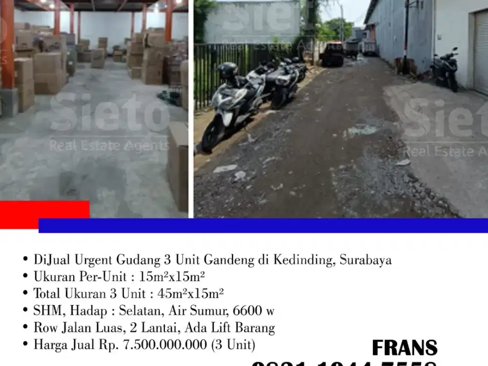 DiJual Urgent Gudang 3 Unit Gandeng di Kedinding, di Surabaya