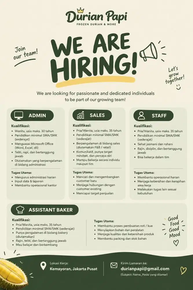 SALES / ADMIN / BAKER / STAFF /
