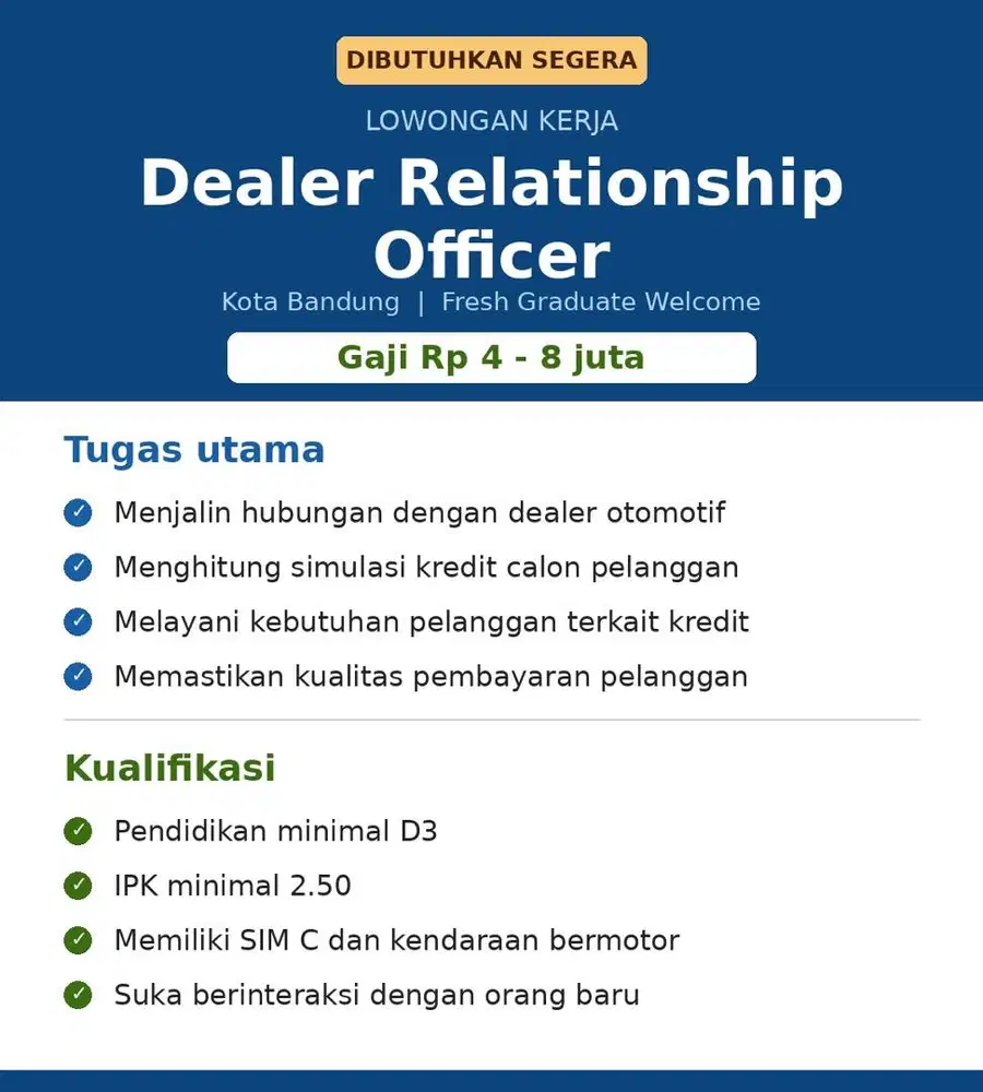 Lowongan Dealer Relationship Officer (DRO) – Fresh Graduate | Bandung