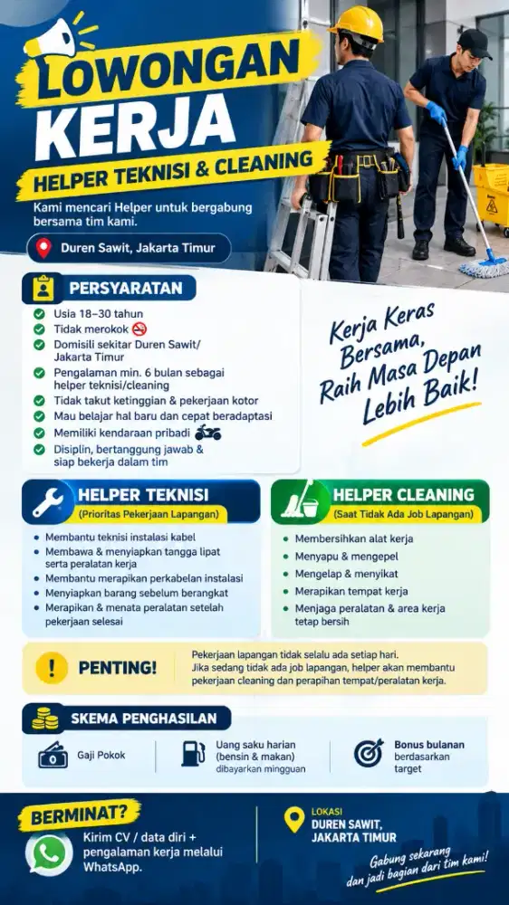 Lowongan Kerja Helper Rumah & Helper Lapangan Area Duren Sawit jaktim