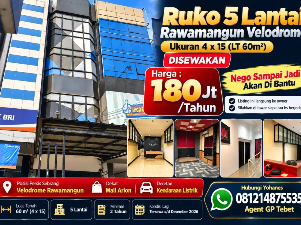 Ruko 5 lantai 4x15 Rawamangun Velodrome disewakan